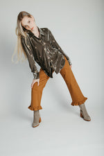 The Talulah Embroidered Blouse in Olive Velvet