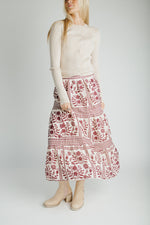 The Ariella Patterned Midi Skirt in Cream + Burgundy