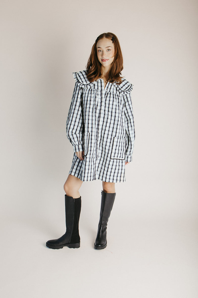 The Steffy Plaid Puff Sleeve Dress in Black + Cream