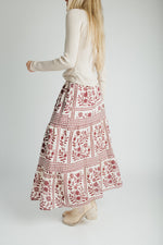 The Ariella Patterned Midi Skirt in Cream + Burgundy