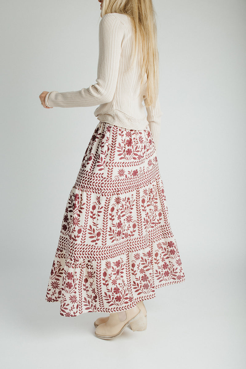 The Ariella Patterned Midi Skirt in Cream + Burgundy