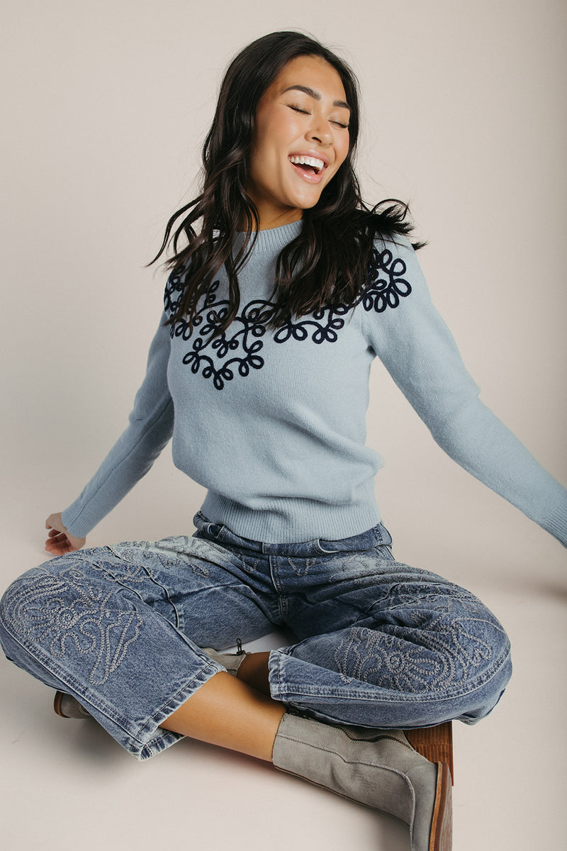 The Sadie Knit Floral Sweater in Sky Blue