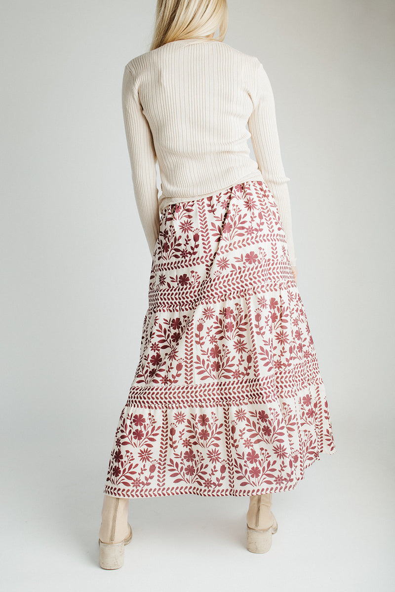 The Ariella Patterned Midi Skirt in Cream + Burgundy