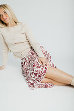 The Ariella Patterned Midi Skirt in Cream + Burgundy