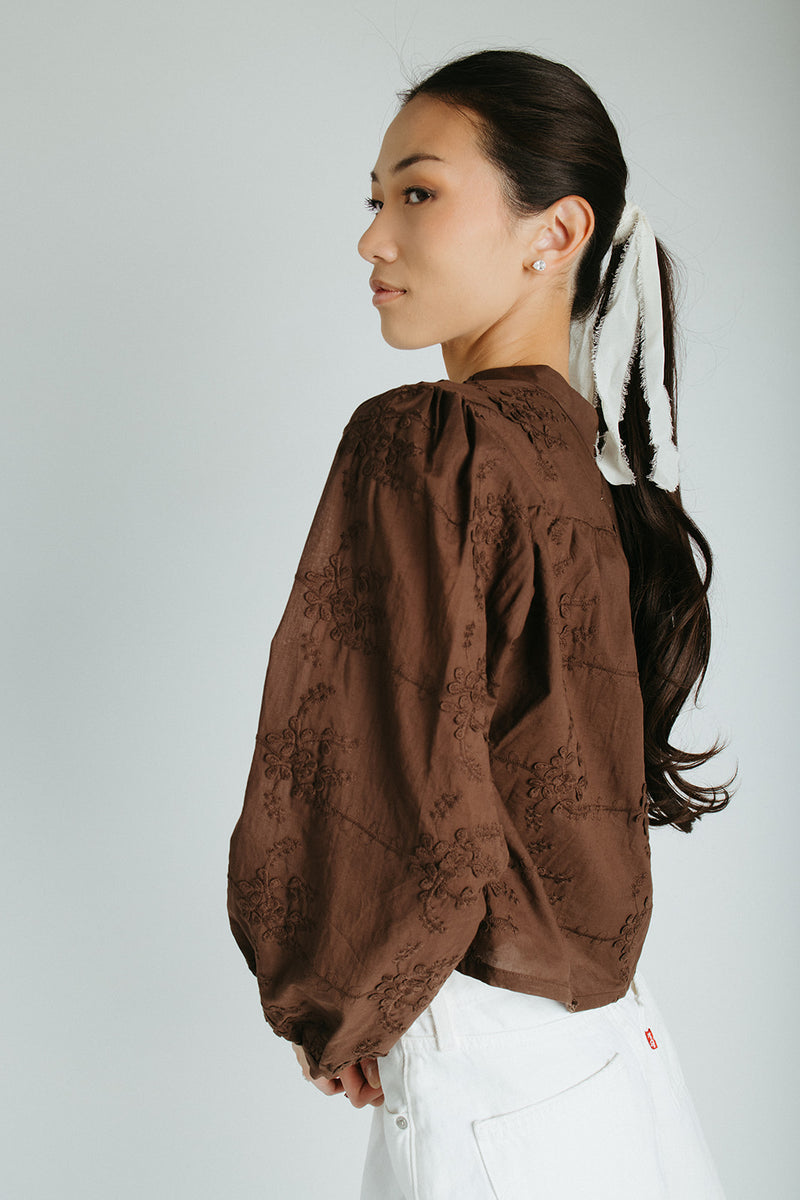 The Daniella Lace Button-Up Blouse in Brown
