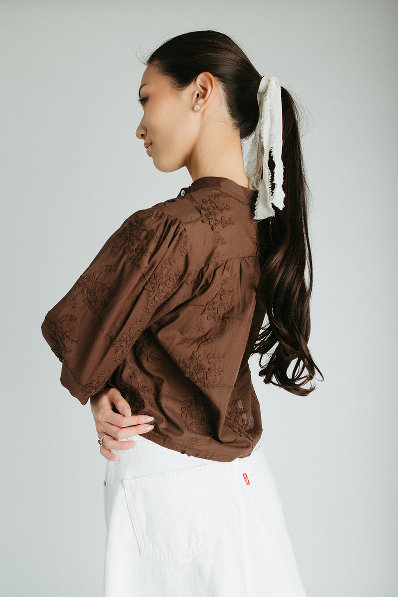 The Daniella Lace Button-Up Blouse in Brown