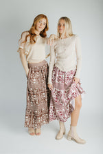 The Ariella Patterned Midi Skirt in Brown + Ivory