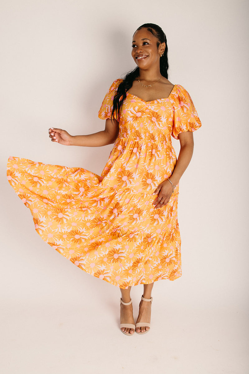 orange and pink puff sleeve dress Puff Sleeve Bardot Midi Dress Pink Orange