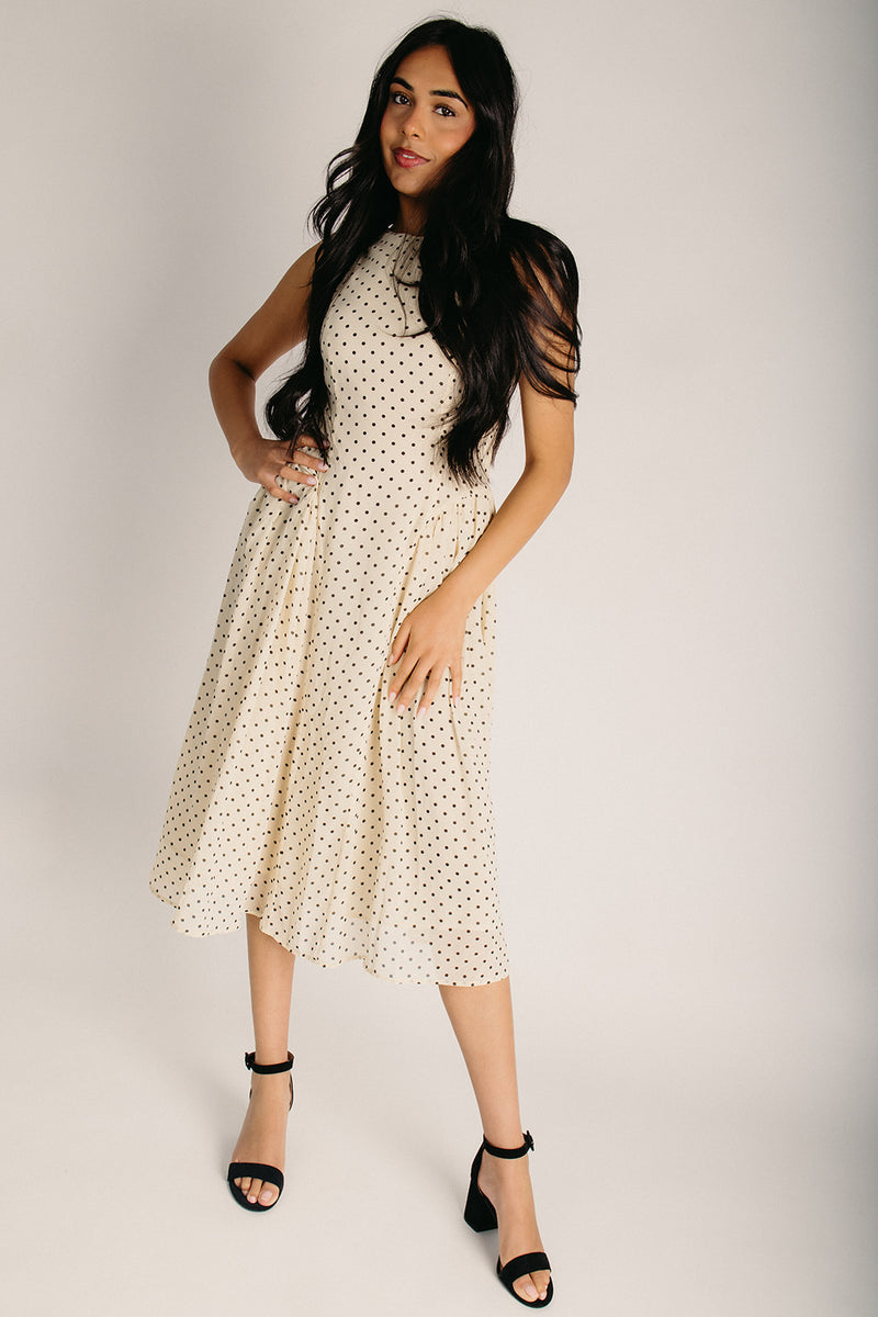 classic midi dress The Cravens Classic A-Line Polka Dot Midi Dress in Cream Large