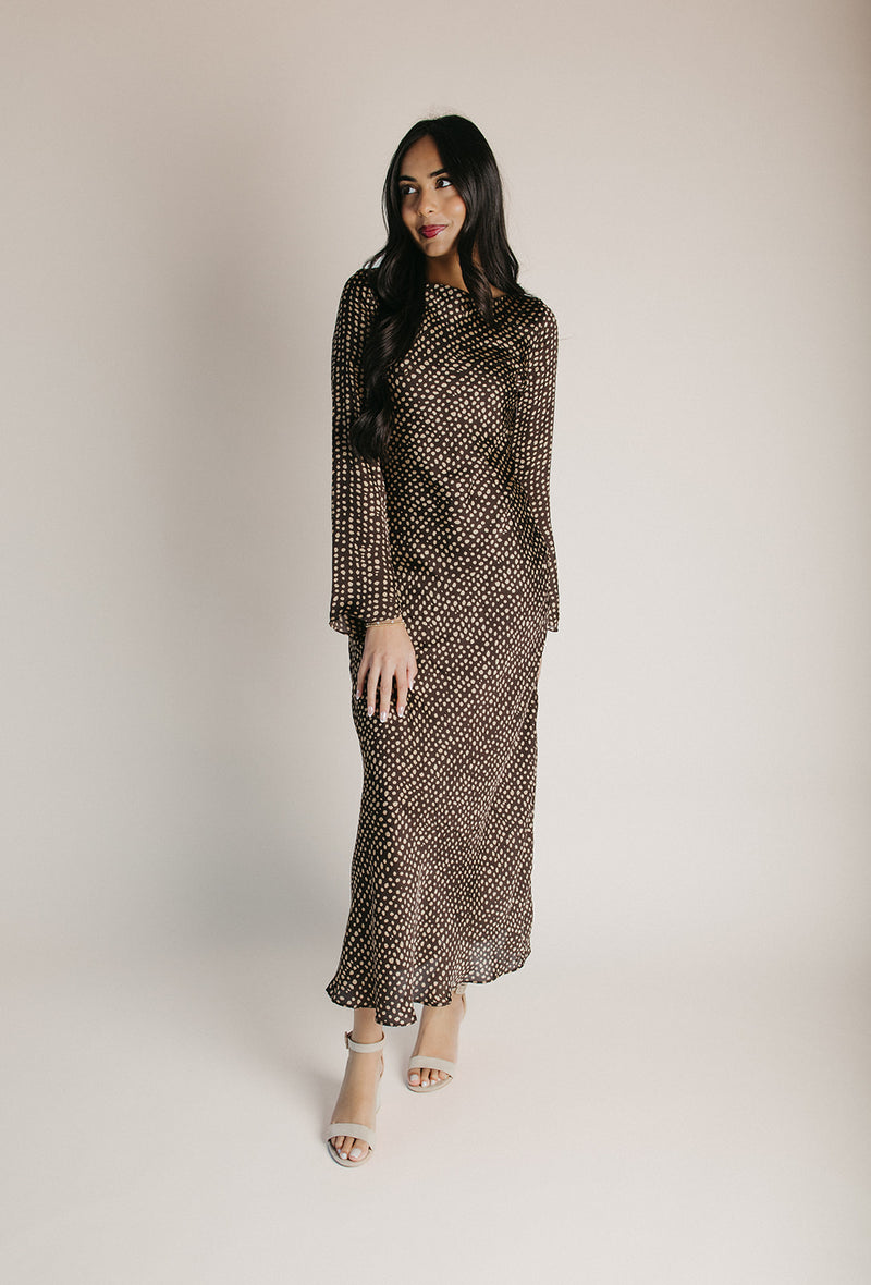 The Britten Boat Neck Maxi Dress in Brown + Taupe