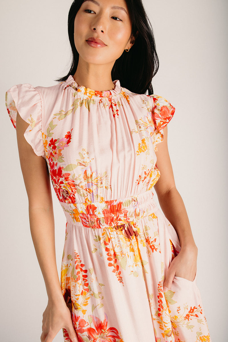 The Hunley Floral Flutter Sleeve Midi Dress in Blush Multi XXX-Large