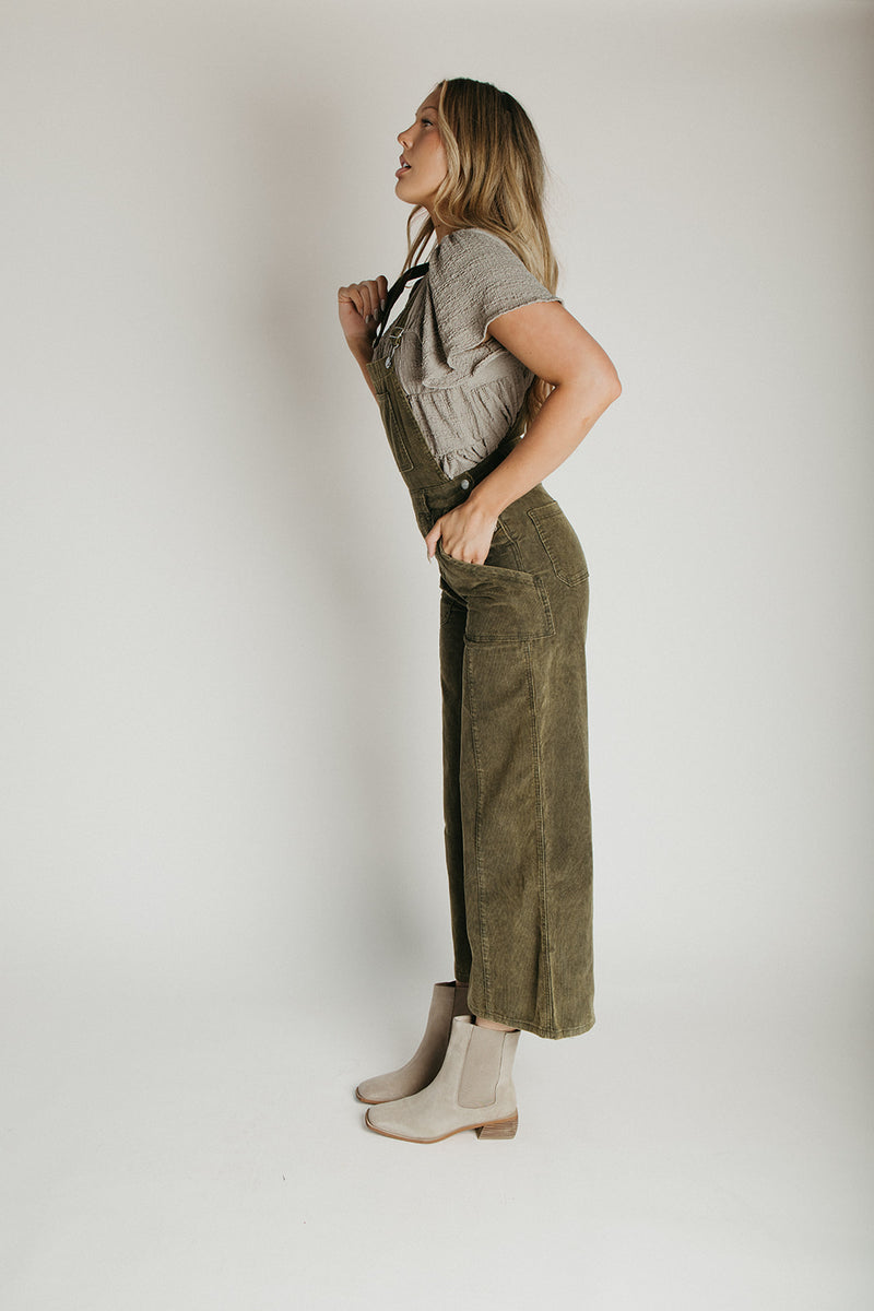 The Clemons Corduroy Flare Overall in Olive