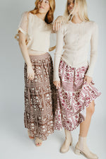 The Ariella Patterned Midi Skirt in Brown + Ivory