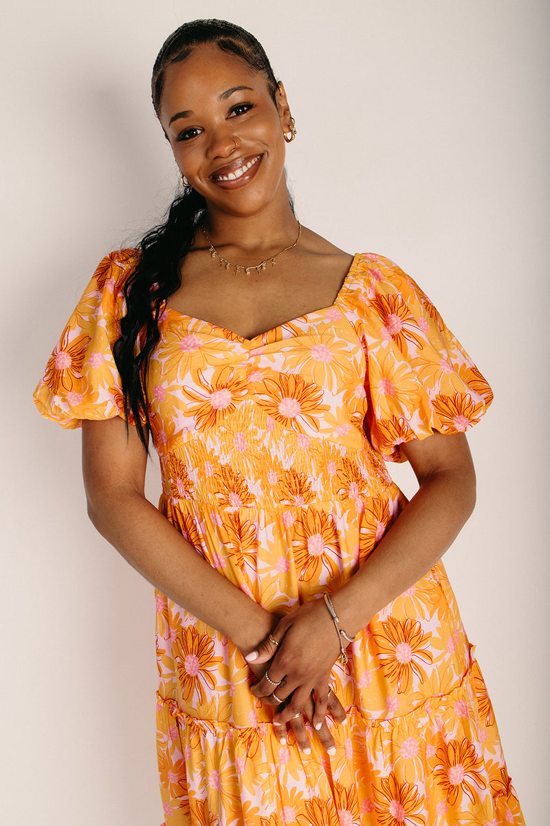 The Skoro Puff Sleeve Midi Dress in Pink Floral – Piper & Scoot