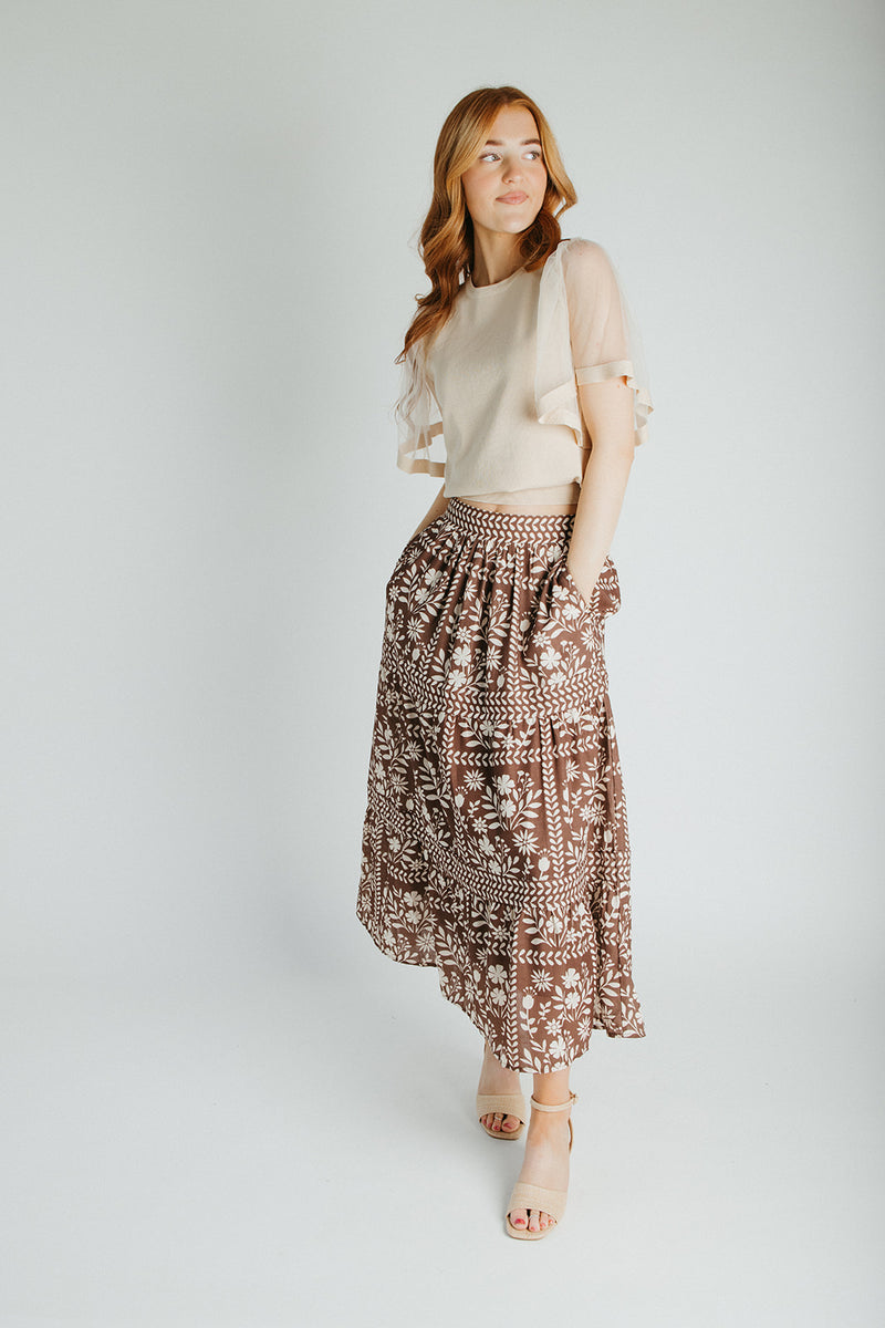 The Ariella Patterned Midi Skirt in Brown + Ivory