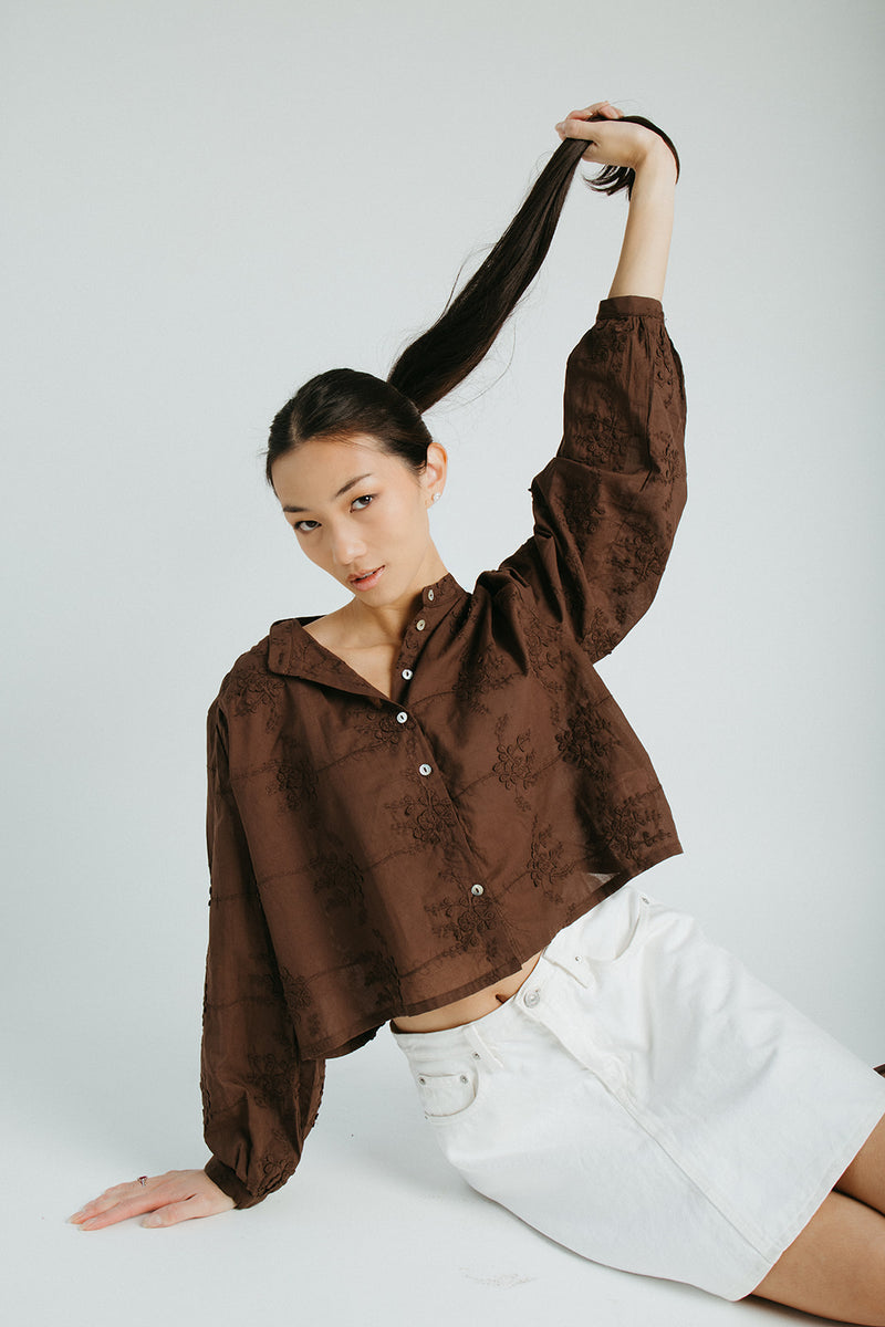 The Daniella Lace Button-Up Blouse in Brown