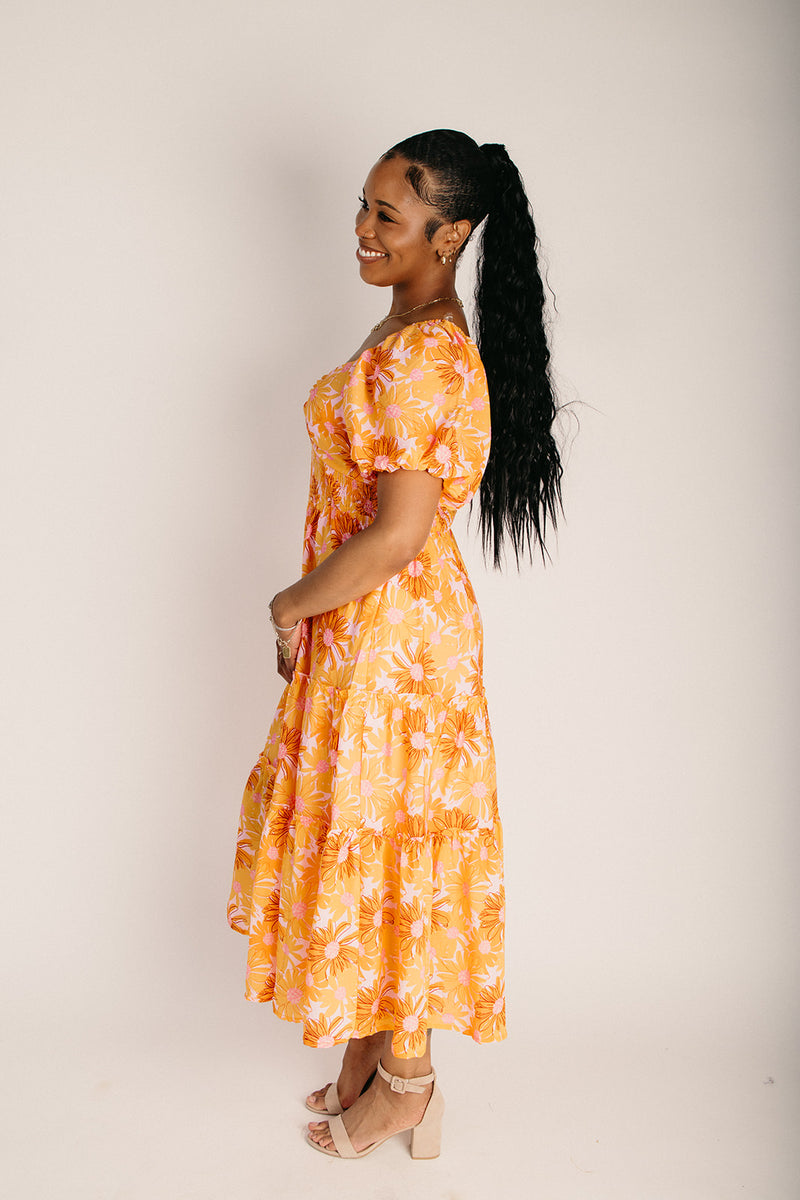 floral print midi dress The Skoro Puff Sleeve Midi Dress in Pink Floral – Piper & Scoot