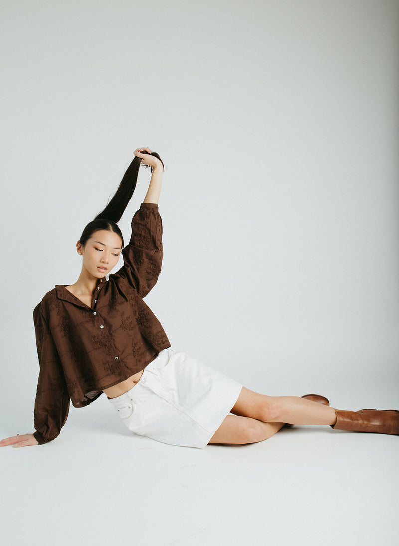 The Daniella Lace Button-Up Blouse in Brown