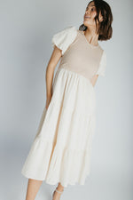 The Edina Ribbed Knit Midi Dress in Cream
