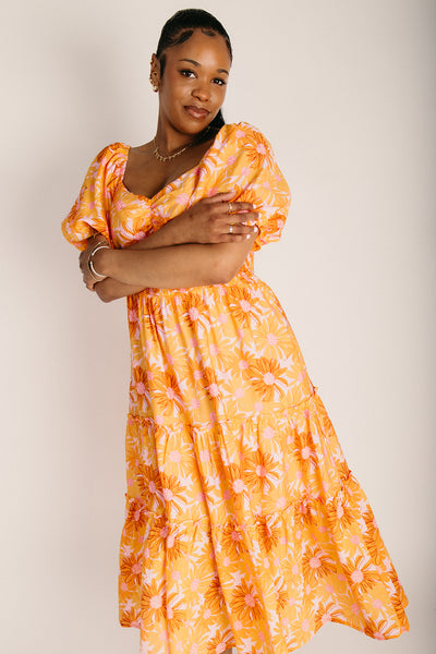 The Skoro Puff Sleeve Midi Dress in Pink Floral Large