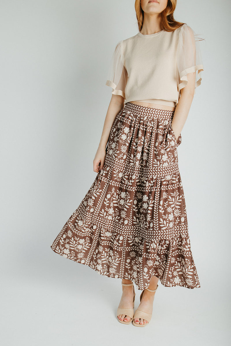The Ariella Patterned Midi Skirt in Brown + Ivory