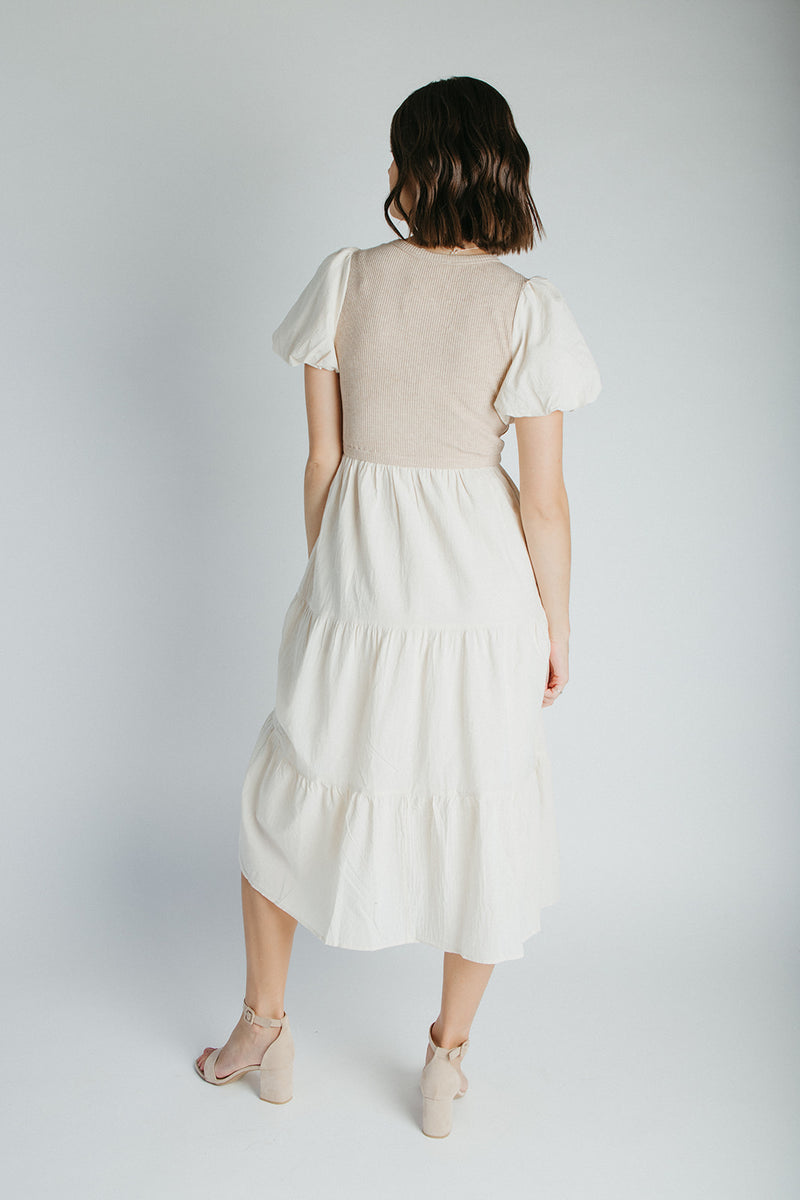 The Edina Ribbed Knit Midi Dress in Cream