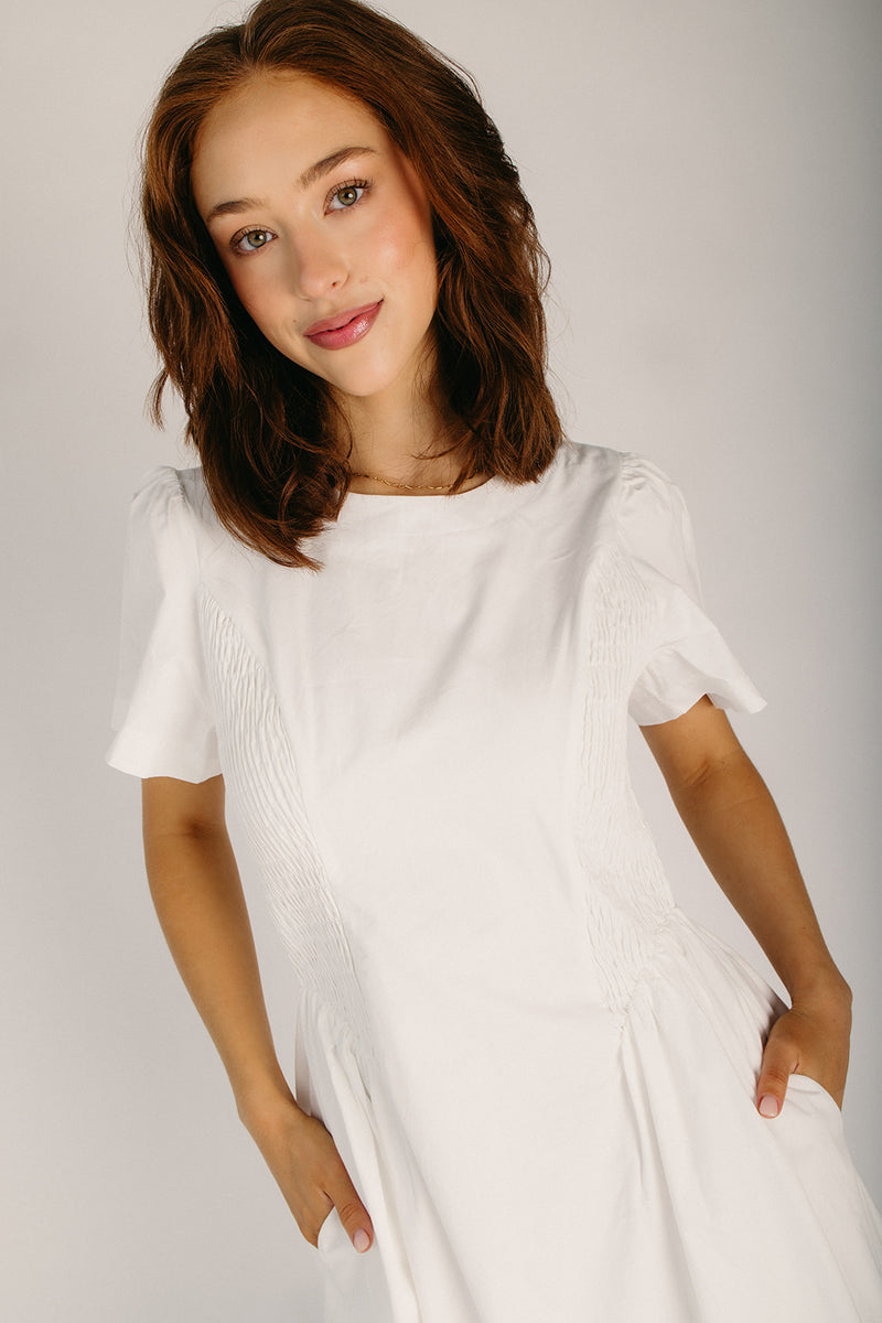 lettie midi dress The Lettie Smocked Side Midi Dress in White – Piper & Scoot