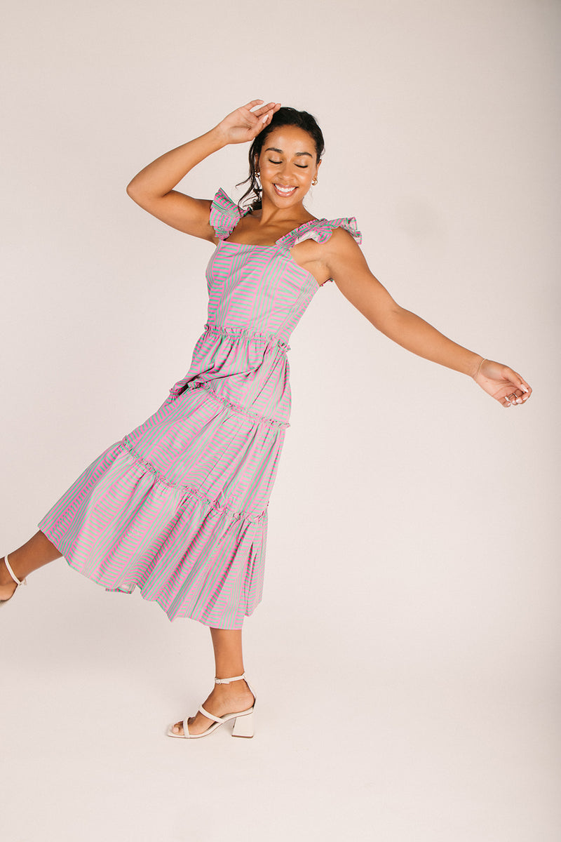 The Valda Striped Midi Dress in Pink + Green Piper & Scoot The Valda Striped Midi Dress in Pink + Green Piper & Scoot
