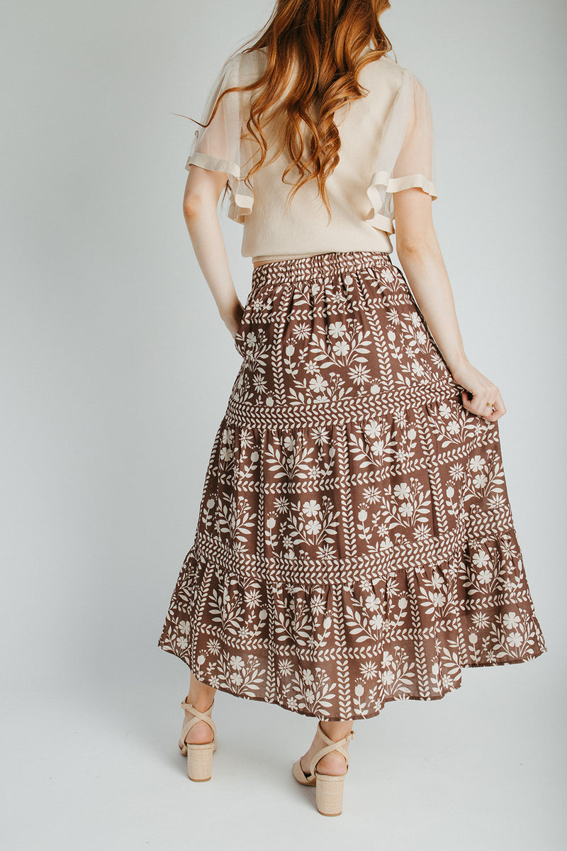 The Ariella Patterned Midi Skirt in Brown + Ivory