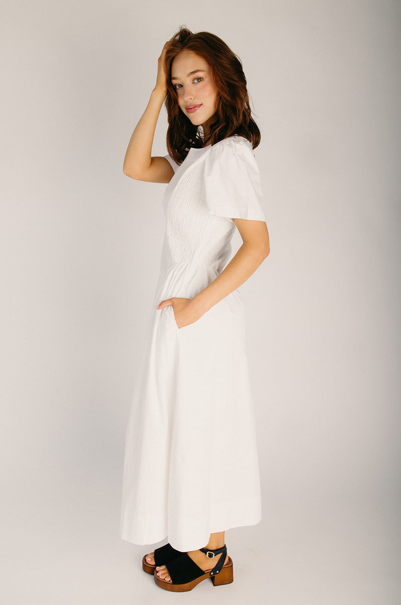 lettie midi dress The Lettie Smocked Side Midi Dress in White Medium