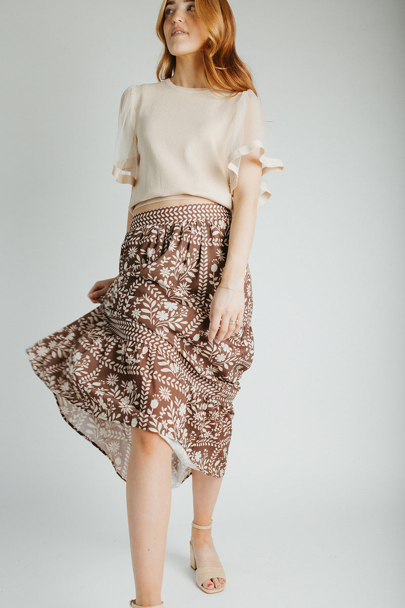The Ariella Patterned Midi Skirt in Brown + Ivory