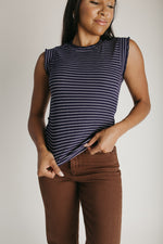 The Gianni Striped Ruffle Tank in Navy