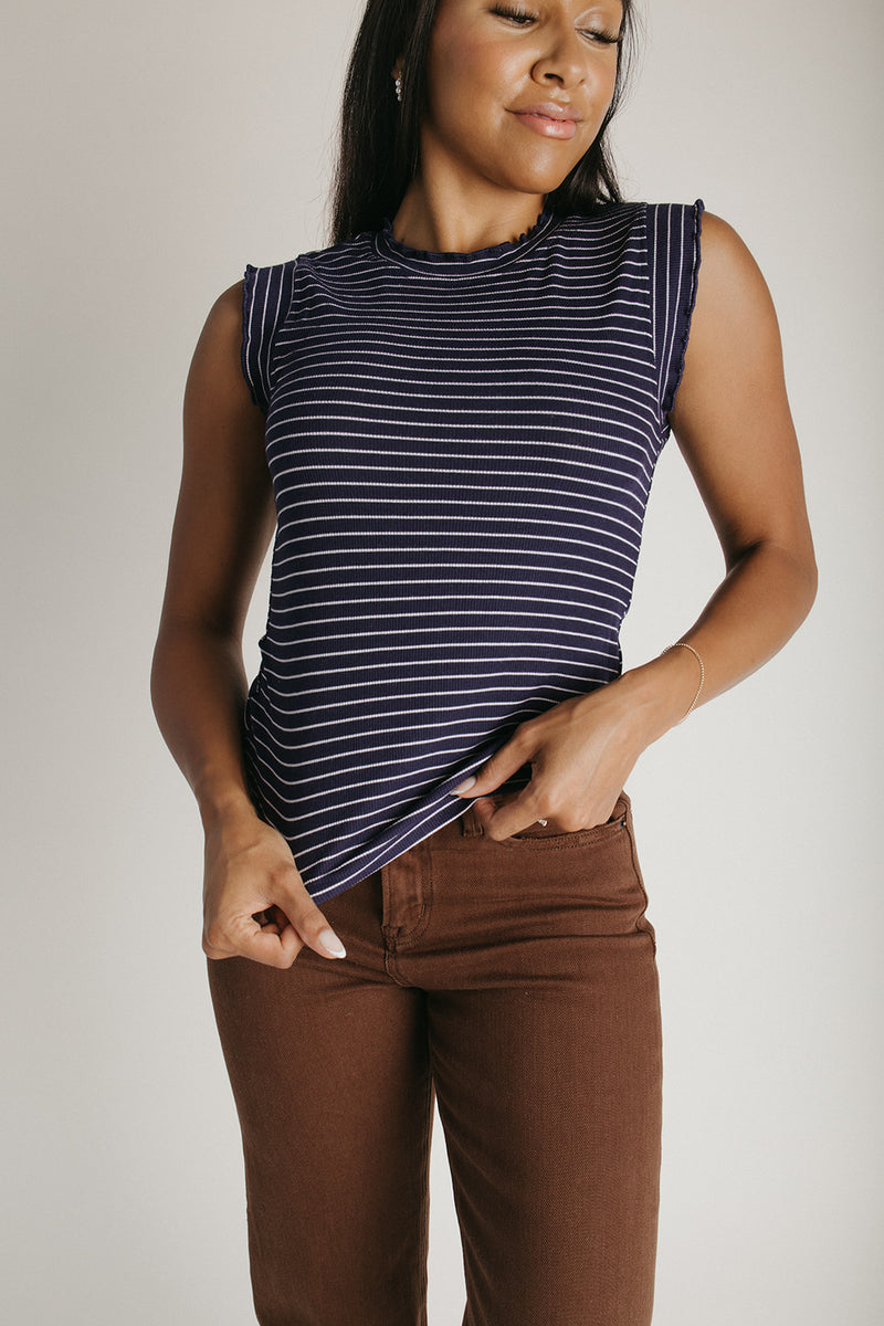 The Gianni Striped Ruffle Tank in Navy