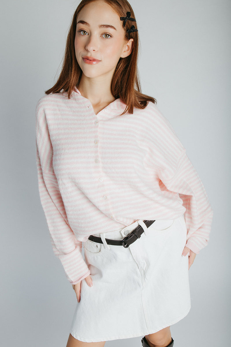 The Riggs Button-Down Sweater in Ivory + Pink Mini Stripe