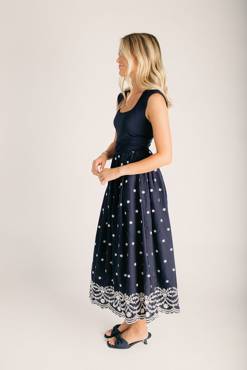 The Wiggins Scoop Neck Embroidered Dress in Navy Large