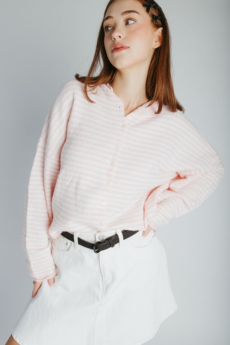 The Riggs Button-Down Sweater in Ivory + Pink Mini Stripe