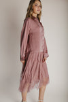 The Illiana Mixed Satin + Lace Midi Dress in Mauve