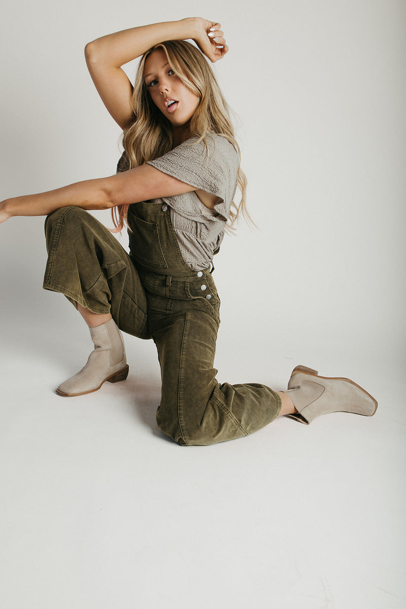 The Clemons Corduroy Flare Overall in Olive