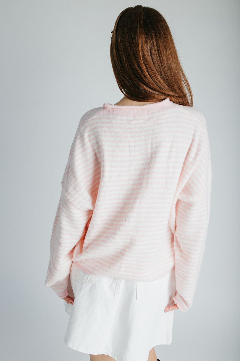 The Riggs Button-Down Sweater in Ivory + Pink Mini Stripe