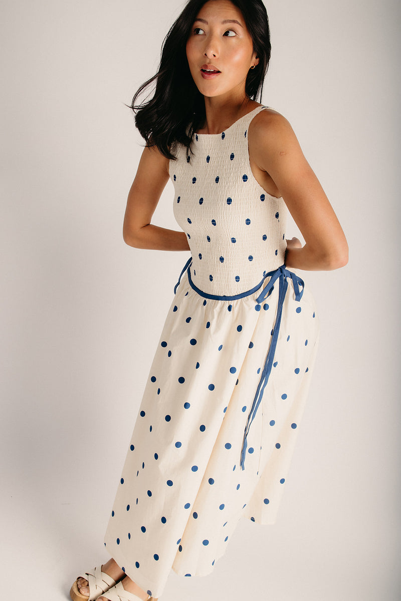 navy polka dot dress midi The Jackie Polka Dot Midi Dress in Cream + Navy – Piper & Scoot