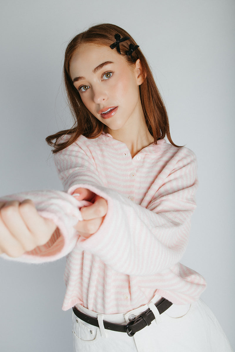The Riggs Button-Down Sweater in Ivory + Pink Mini Stripe