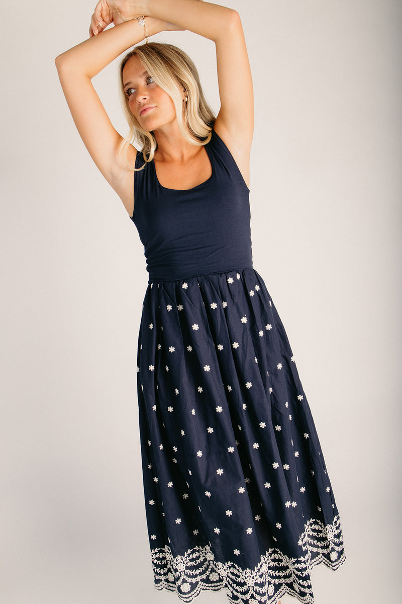 The Wiggins Scoop Neck Embroidered Dress in Navy Large The Wiggins Scoop Neck Embroidered Dress in Navy Large