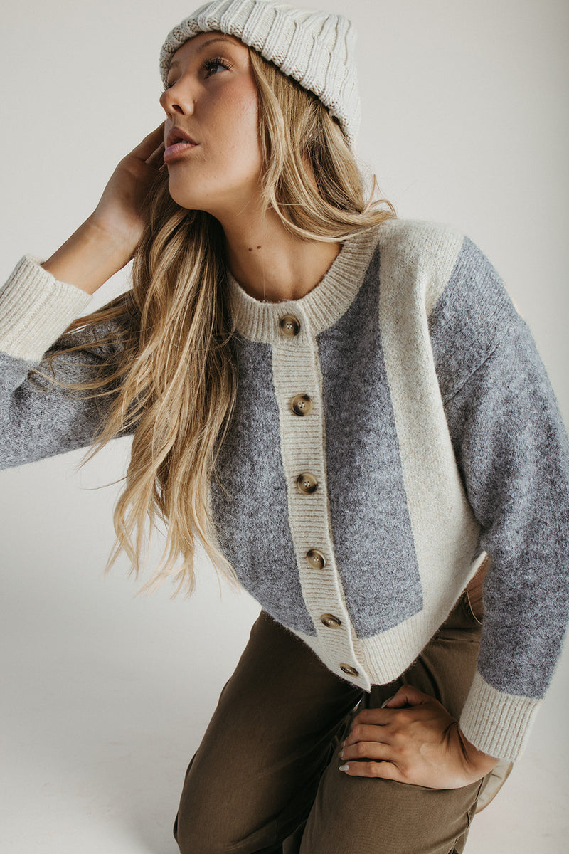 The Turpin Striped Cardigan in Taupe + Grey