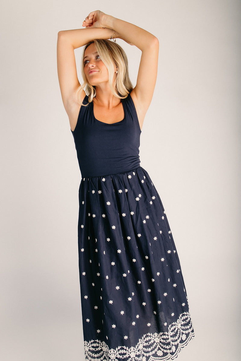 The Wiggins Scoop Neck Embroidered Dress in Navy Large The Wiggins Scoop Neck Embroidered Dress in Navy Large