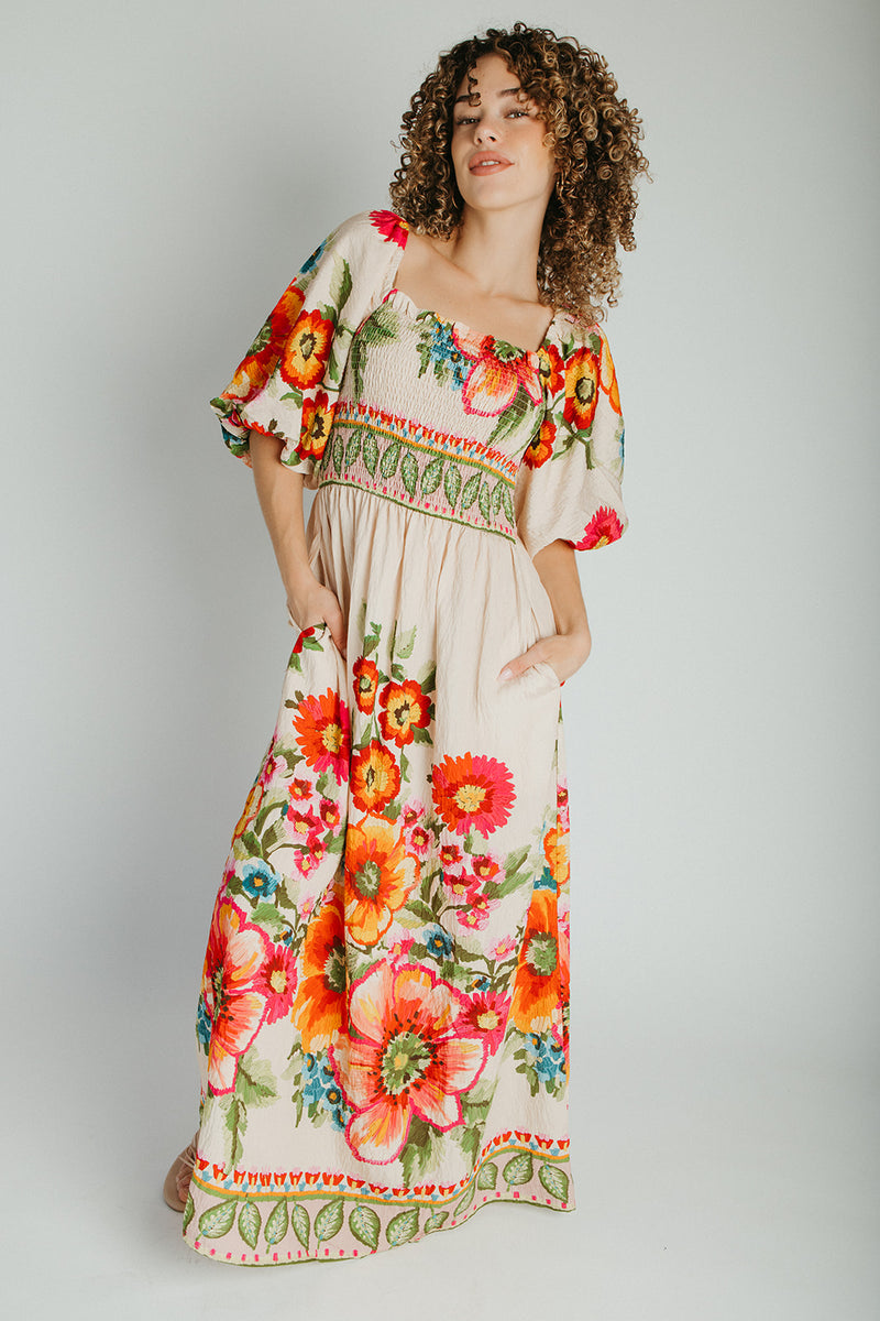 The Stowell Floral Printed Maxi Dress in Ecru Multi