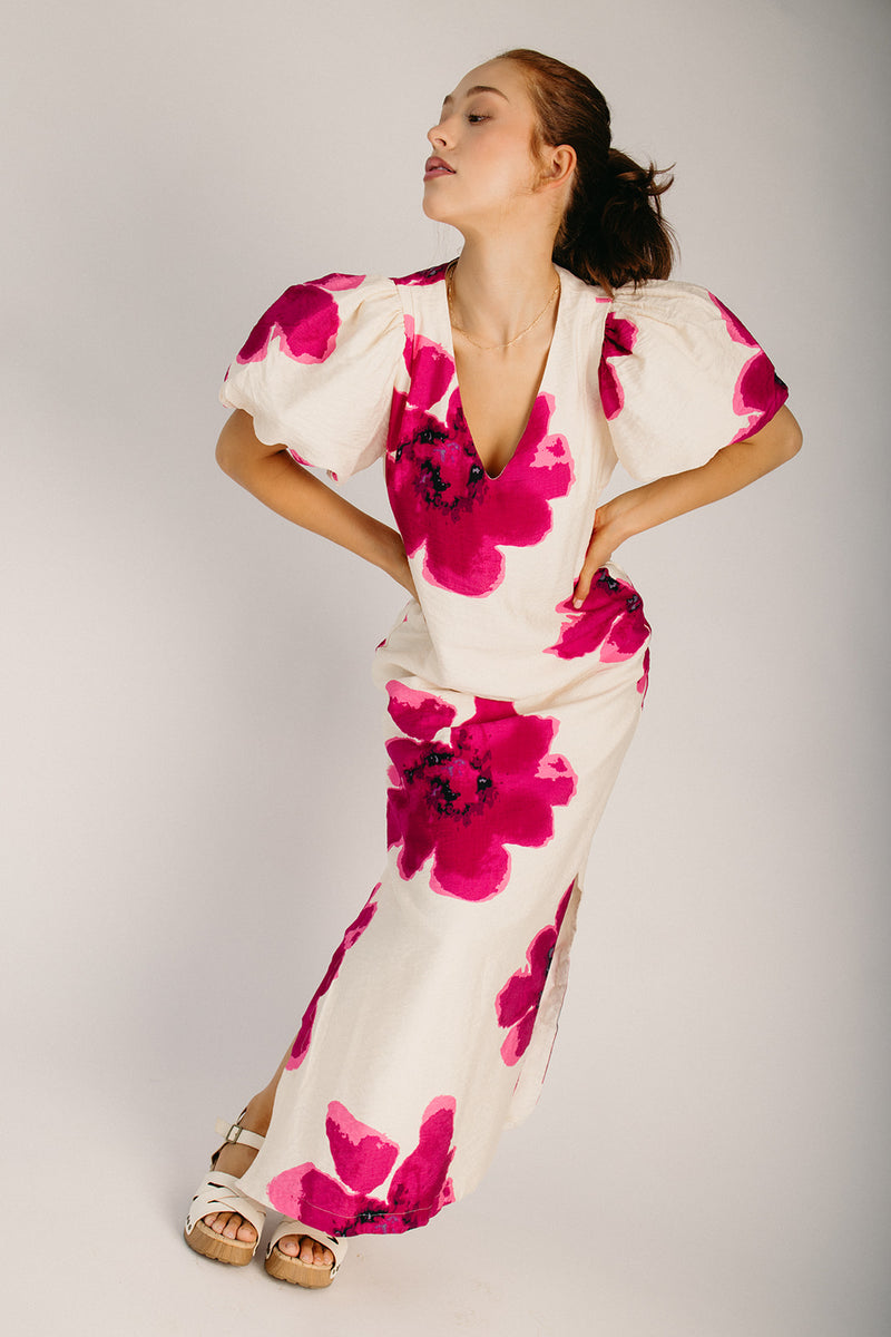 pink puff sleeve maxi dress The Rogan Puff Sleeve A-Line Maxi Dress in Fuchsia – Piper & Scoot