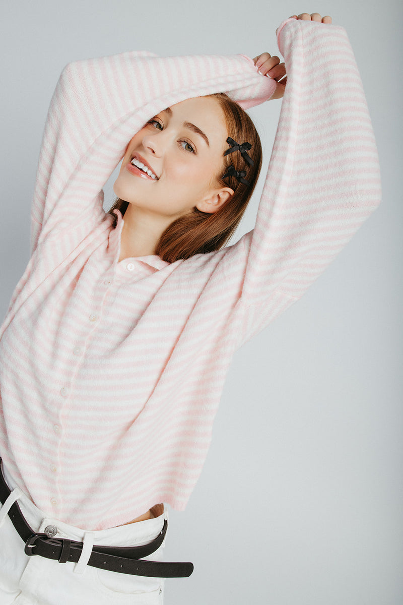 The Riggs Button-Down Sweater in Ivory + Pink Mini Stripe