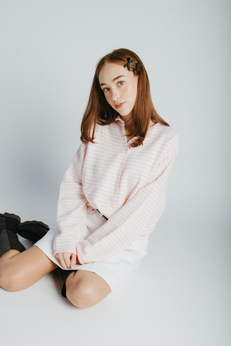 The Riggs Button-Down Sweater in Ivory + Pink Mini Stripe