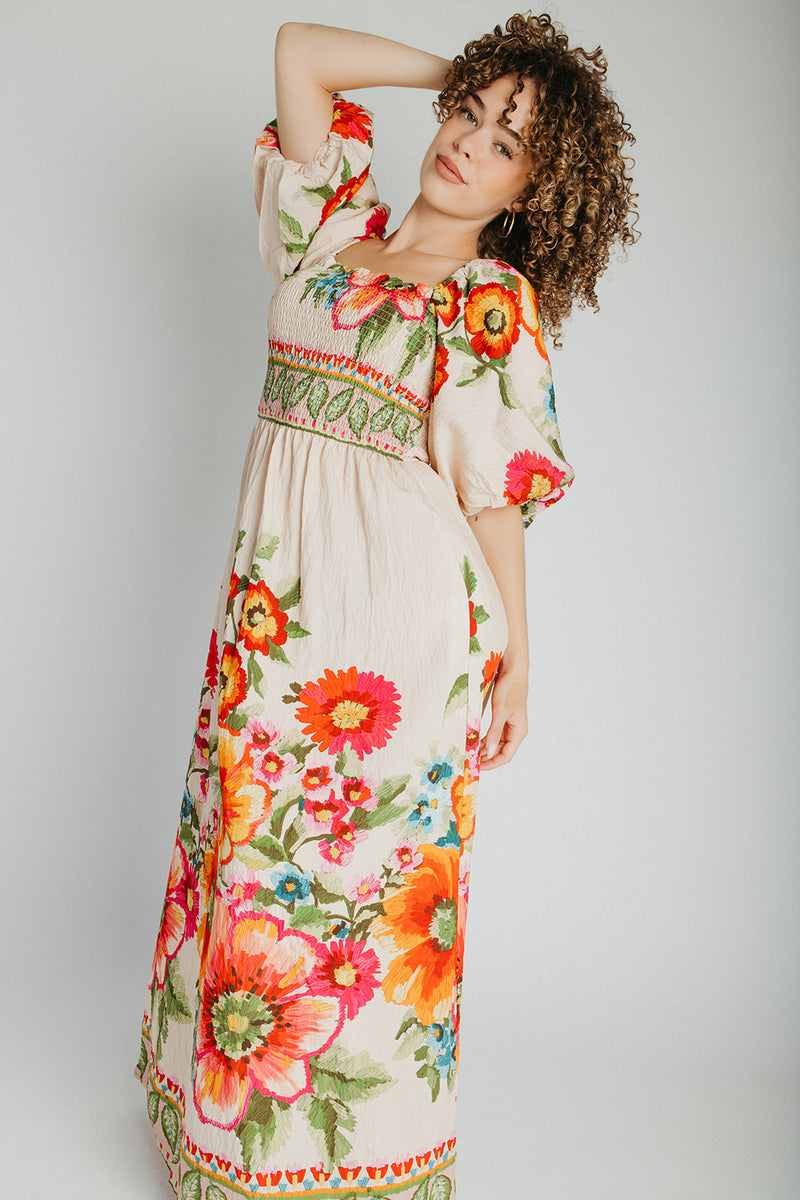 The Stowell Floral Printed Maxi Dress in Ecru Multi