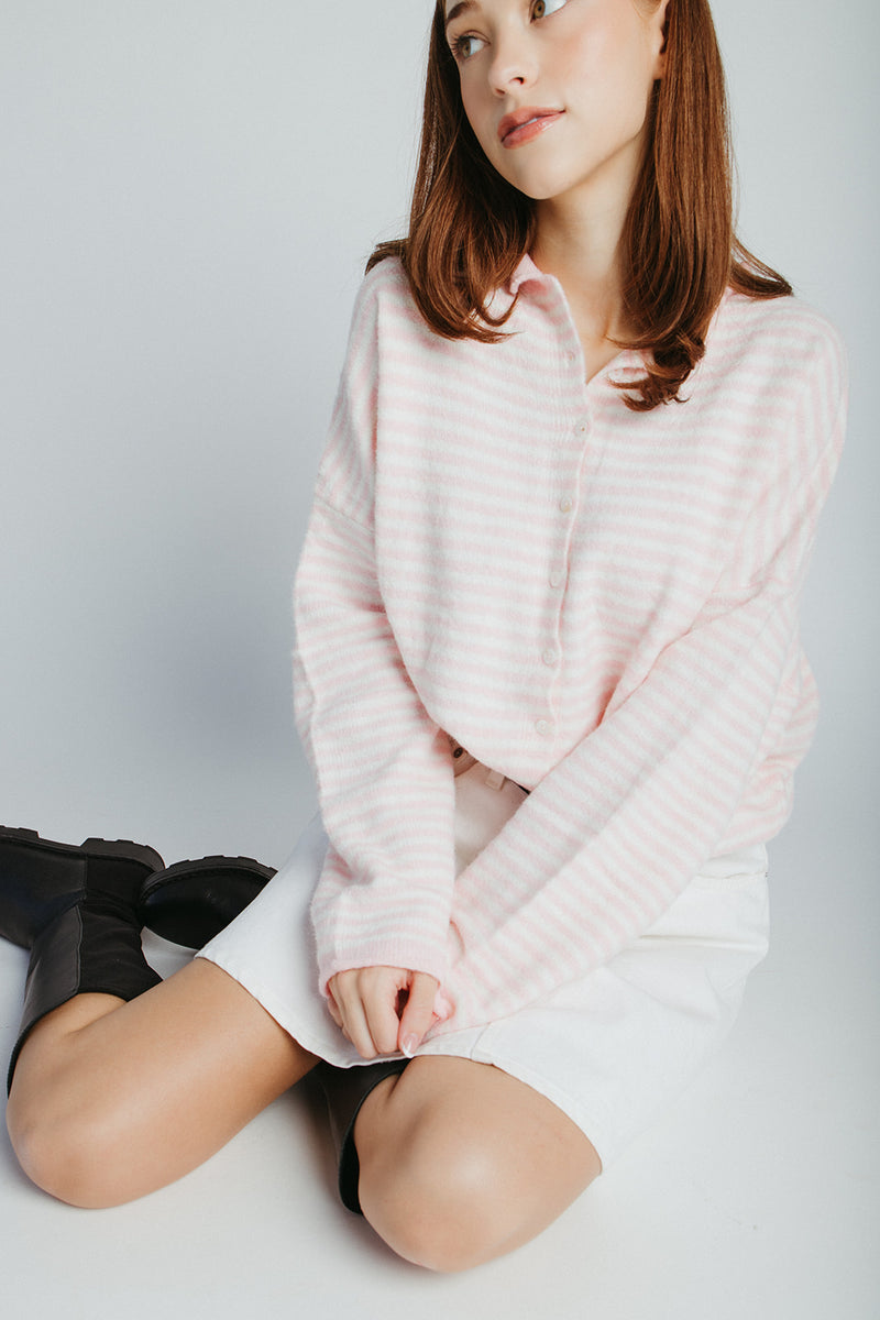 The Riggs Button-Down Sweater in Ivory + Pink Mini Stripe
